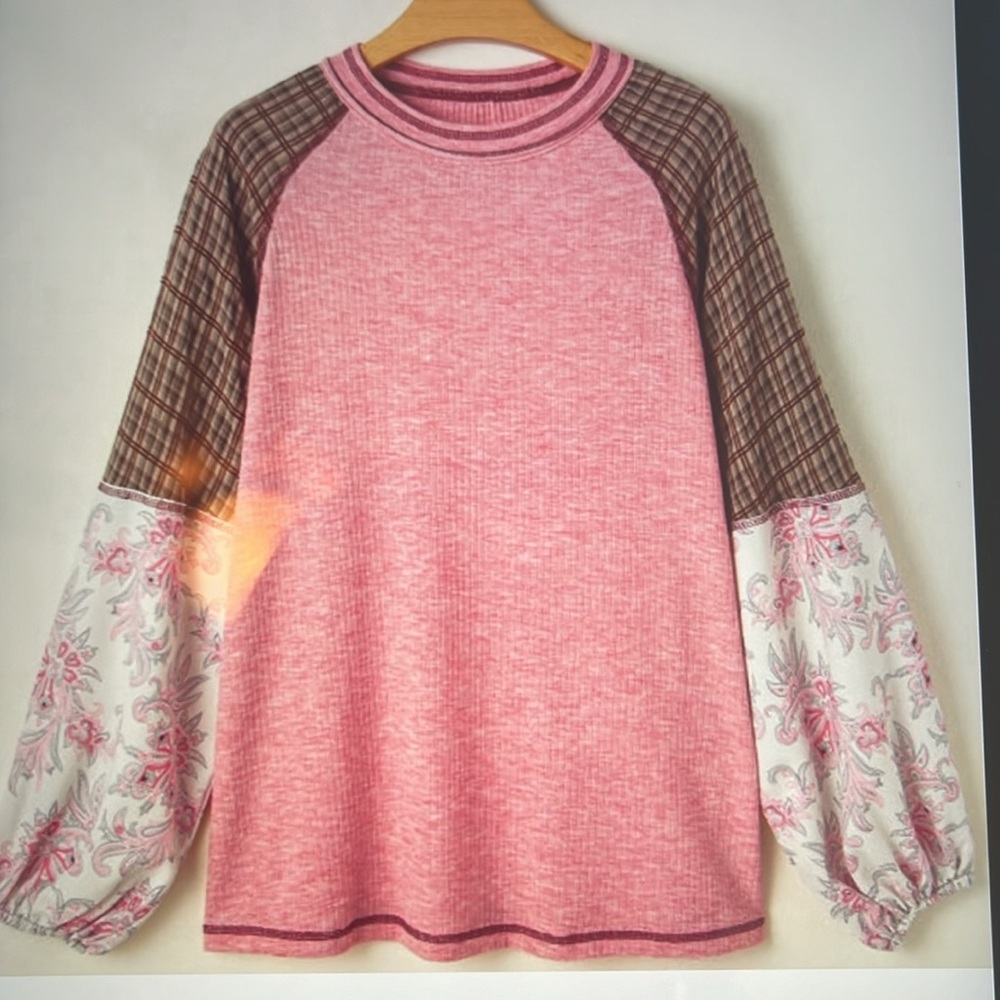 Boutique: Modsky Fuchsia mixed print ribbed raglan patchwork knit pullover top